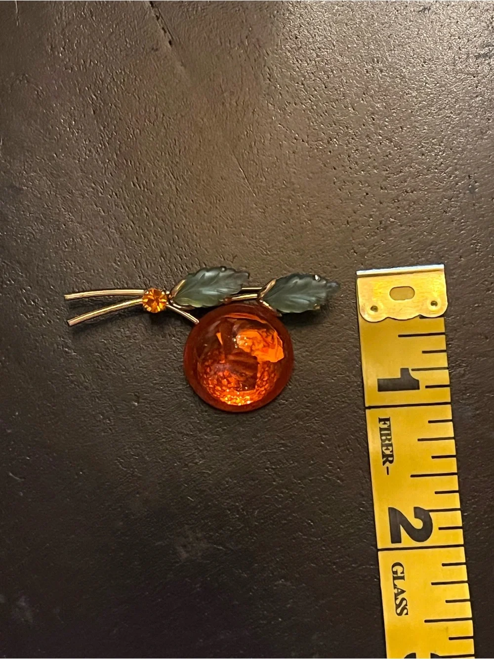 Vintage Orange Glass Fruit Brooch with Frosted Green Leaves Austria